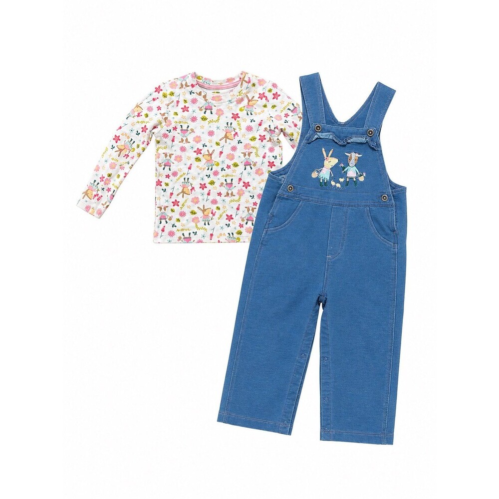 John Deere Toddler Girl 24M Bunny Farm Matching Outfit Blue Overalls & Shirt